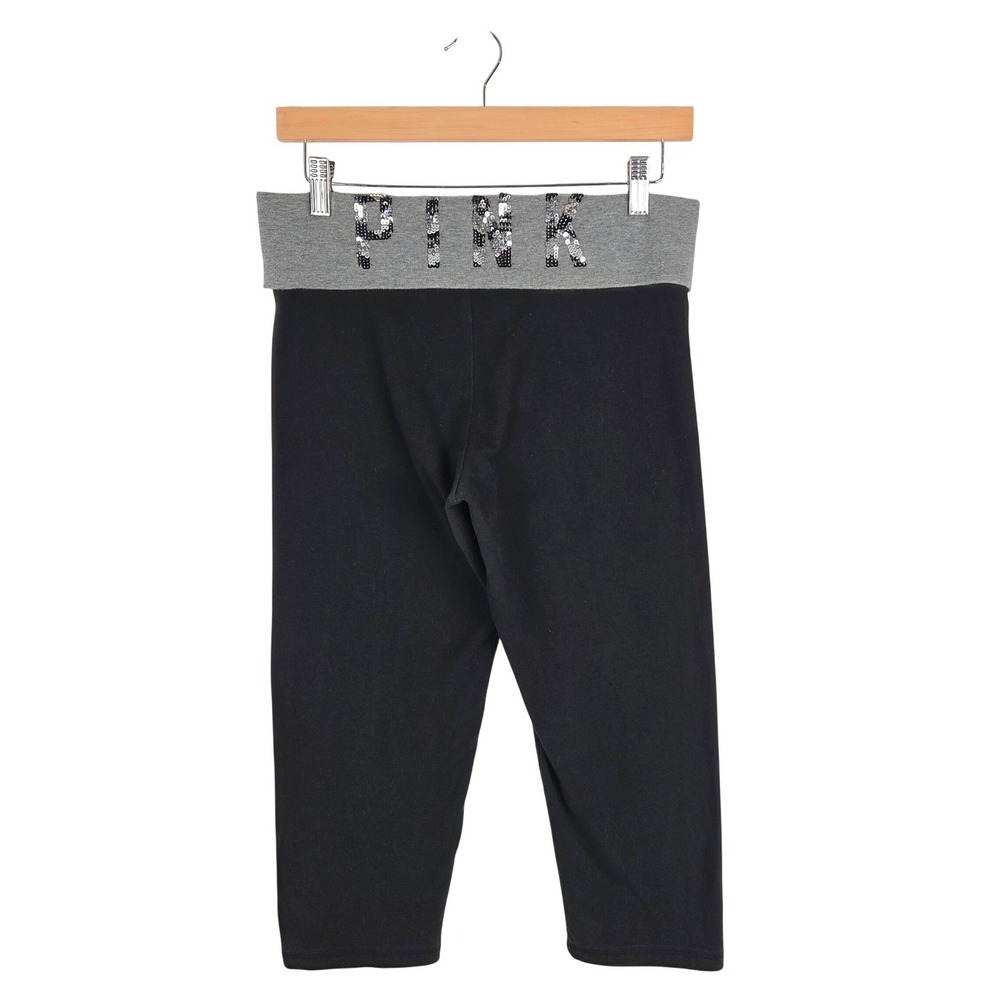 Victoria's Secret PINK Yoga Crop‎ Leggings M Black Gray Sequin Logo Y2K Preppy